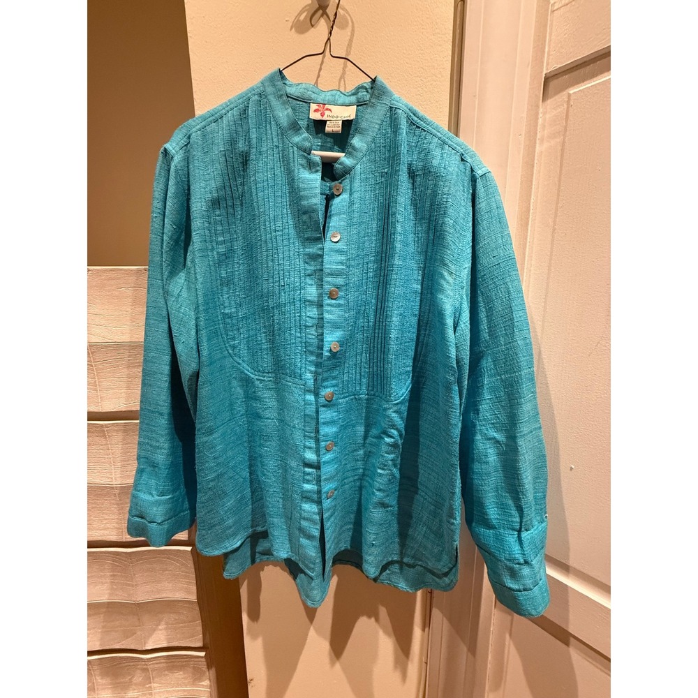 Indo-Chic Turquoise 100% Raw Silk Pintuck Mandarin Collar Blouse Large